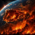 Representación simbólica de España envuelta en llamas sobre el planeta Tierra mientras un incendio forestal devora los bosques en primer plano.