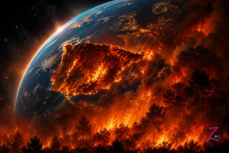grazie-magazine-incendios-espana-fuego-cambio-climatico Representación simbólica de España envuelta en llamas sobre el planeta Tierra mientras un incendio forestal devora los bosques en primer plano.