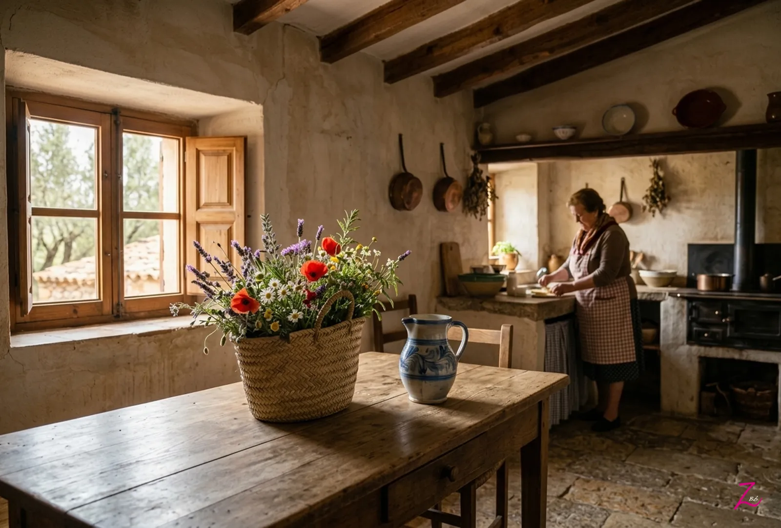 Interior de una casa rural tradicional donde una mujer realiza las tareas del hogar junto a una mesa de madera con flores silvestres y una jarra de cerámica.