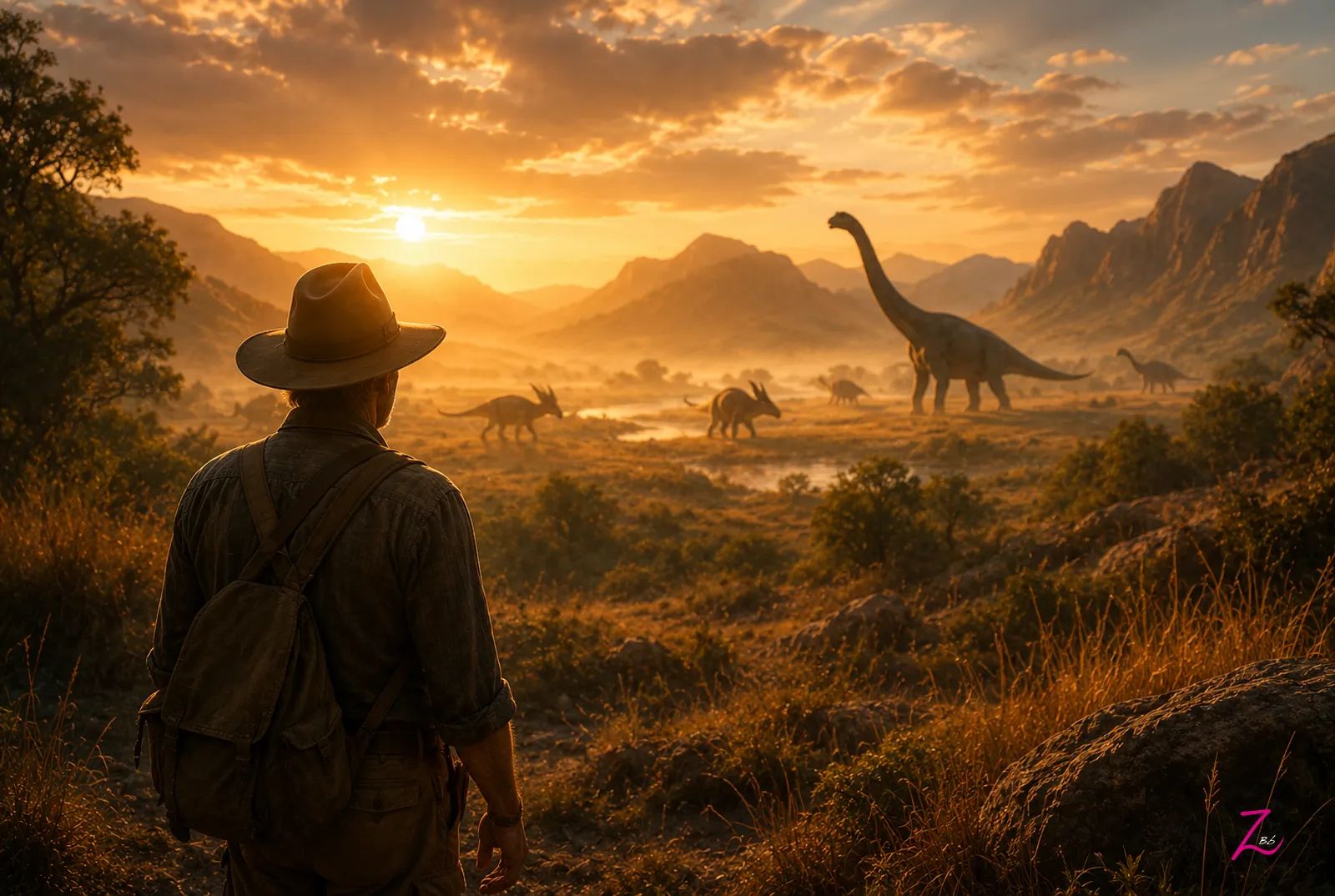 Un explorador contempla un paisaje prehistórico al amanecer mientras varios dinosaurios se desplazan entre la bruma, en homenaje al legado cinematográfico de Sam Neill.