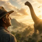 Un explorador con sombrero contempla un dinosaurio al amanecer en un paisaje prehistórico, en homenaje al legado de Sam Neill.