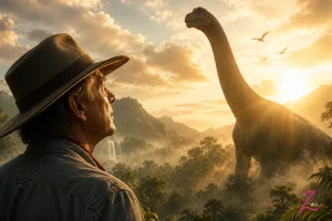 Un explorador con sombrero contempla un dinosaurio al amanecer en un paisaje prehistórico, en homenaje al legado de Sam Neill.