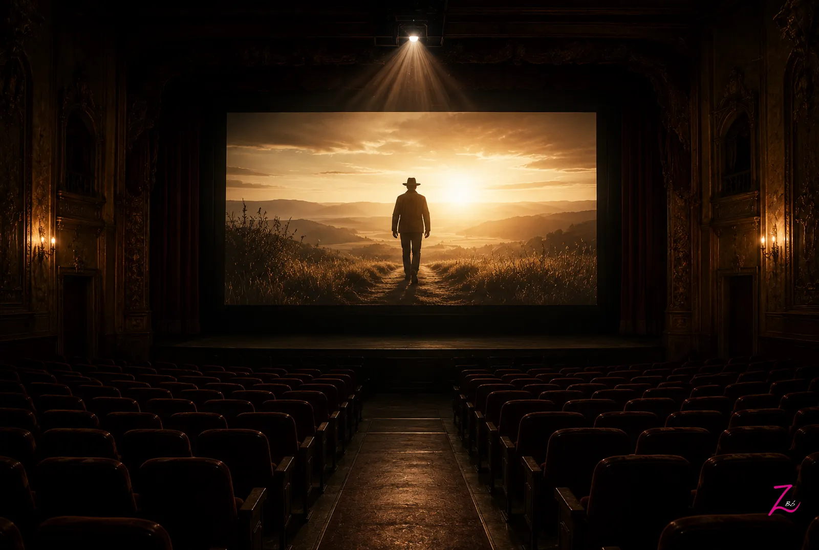 Una antigua sala de cine vacía proyecta la silueta de un hombre con sombrero caminando hacia un horizonte luminoso, en homenaje al legado de Sam Neill.