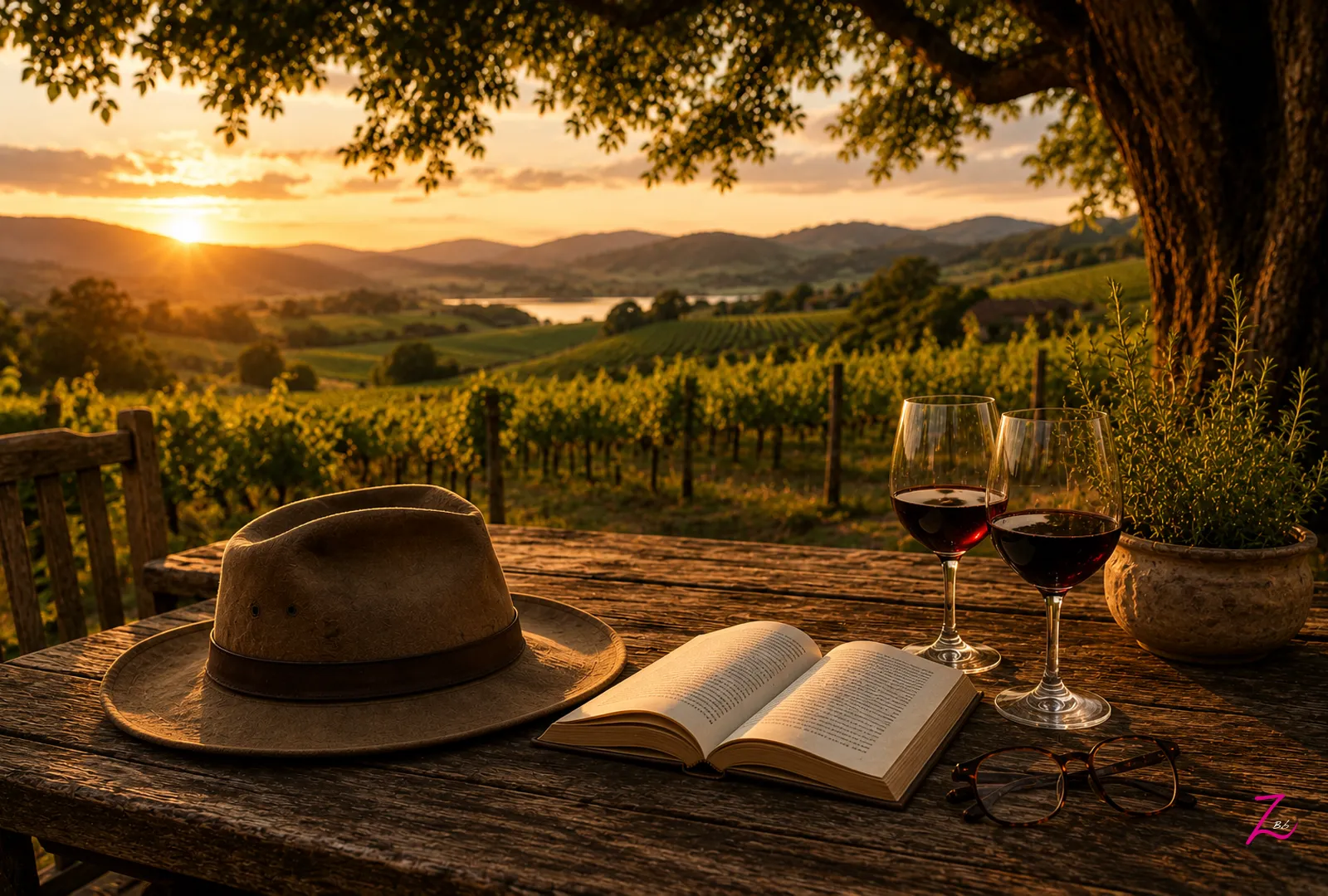 Un sombrero, un libro abierto y dos copas de vino descansan sobre una mesa de madera frente a un viñedo al atardecer en Nueva Zelanda, en homenaje a la vida serena y humana de Sam Neill.