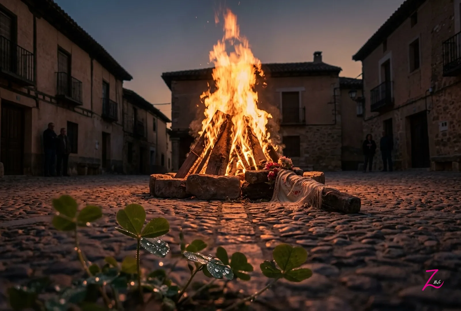 Hoguera tradicional de la Noche de San Juan encendida en la plaza de un pueblo de la España rural como símbolo de purificación, renovación y encuentro vecinal.