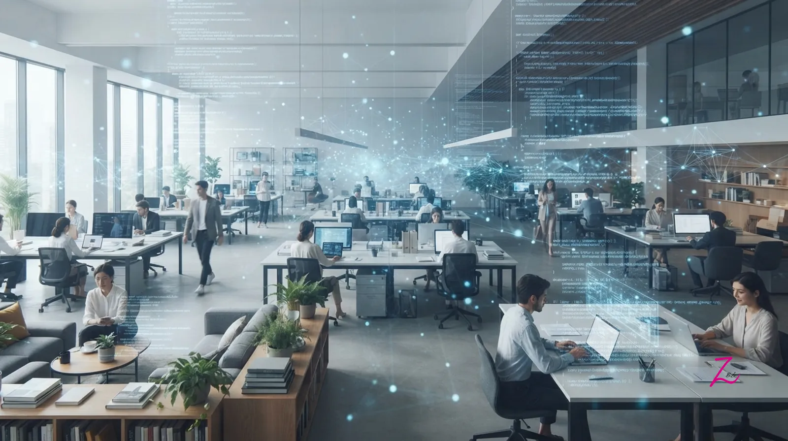 Vista general de una oficina moderna con una sutil capa de datos digitales y luz azulada superpuesta, simbolizando la omnipresencia de la IA.