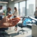 Mano humana rozando una mano robótica digital, representando la interacción entre personas e inteligencia artificial en el trabajo.