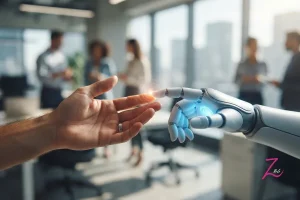 Mano humana rozando una mano robótica digital, representando la interacción entre personas e inteligencia artificial en el trabajo.