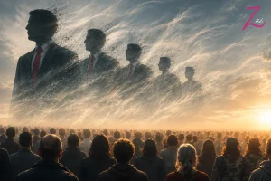 Multitud observando siluetas de hombres con traje y corbata roja que se desvanecen en forma de brisa, como metáfora del hartazgo político y la esperanza de renovación.