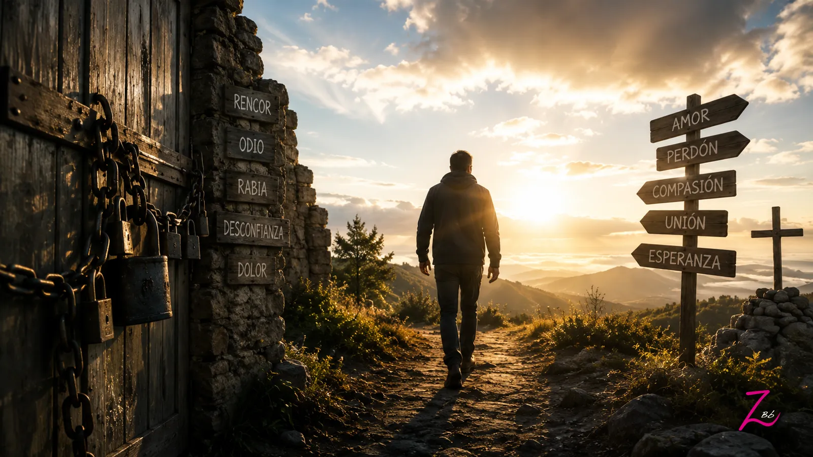 Una persona camina hacia un paisaje abierto dejando atrás un camino marcado por las heridas del pasado, símbolo del perdón, la esperanza y la humanidad.