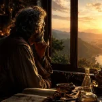 Alquimista contemplando el amanecer desde su laboratorio como metáfora de la verdadera piedra filosofal: la transformación del alma, la mente y la vida.