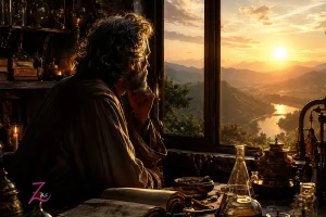 Alquimista contemplando el amanecer desde su laboratorio como metáfora de la verdadera piedra filosofal: la transformación del alma, la mente y la vida.