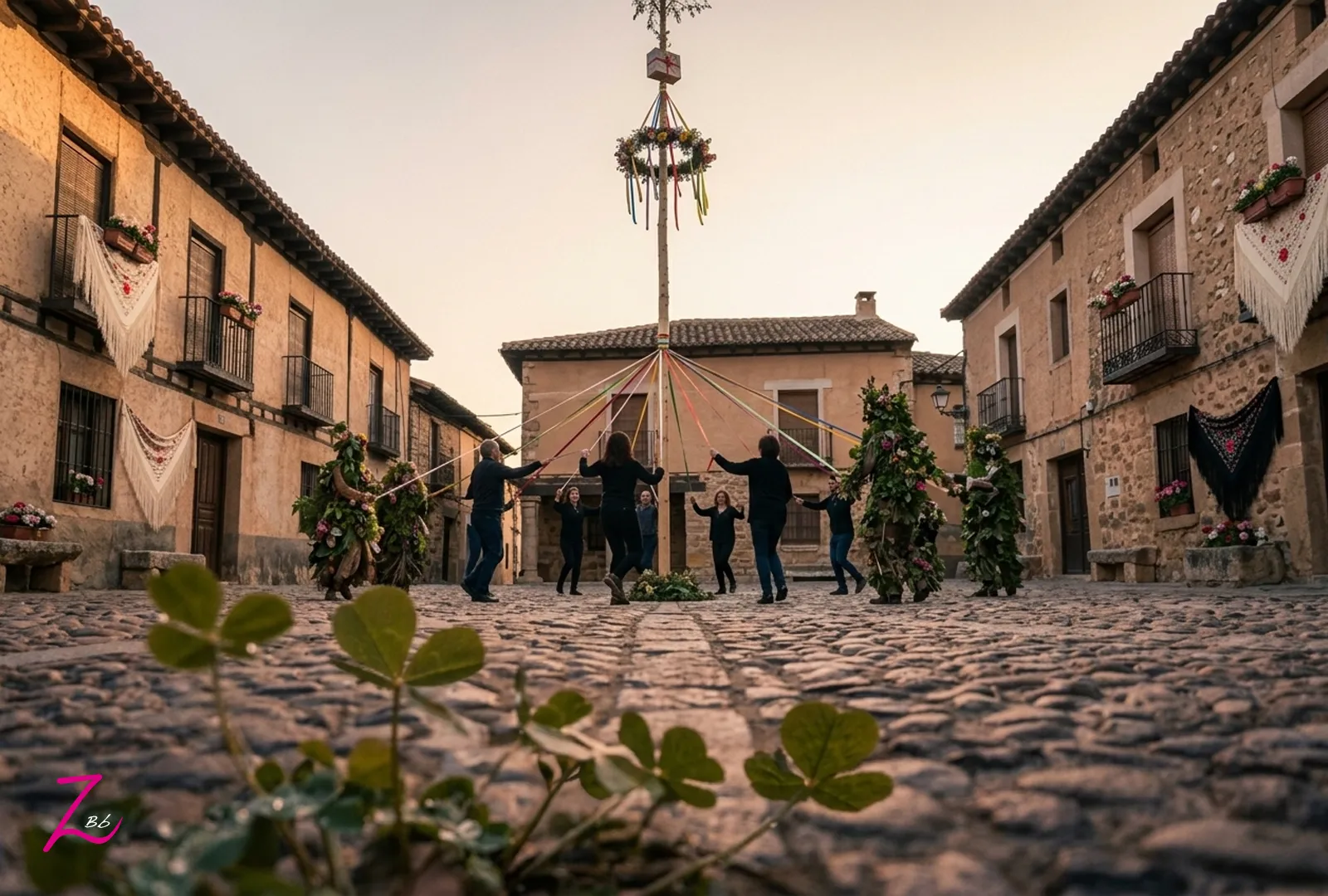 Celebración tradicional de Los Mayos en la plaza de un pueblo de la España rural, con el árbol adornado por cintas de colores como símbolo de la primavera y la renovación de la vida.