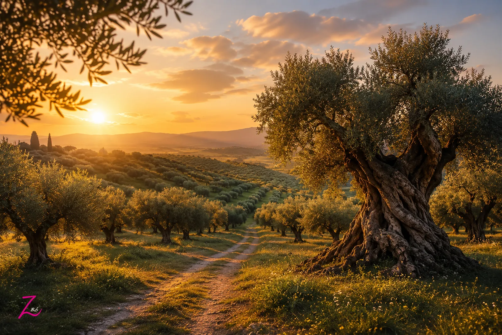 Paisaje de un olivar centenario al atardecer con un antiguo olivo en primer plano, símbolo de paz, naturaleza y memoria en Testigos Silenciosos de GraZie Magazine.