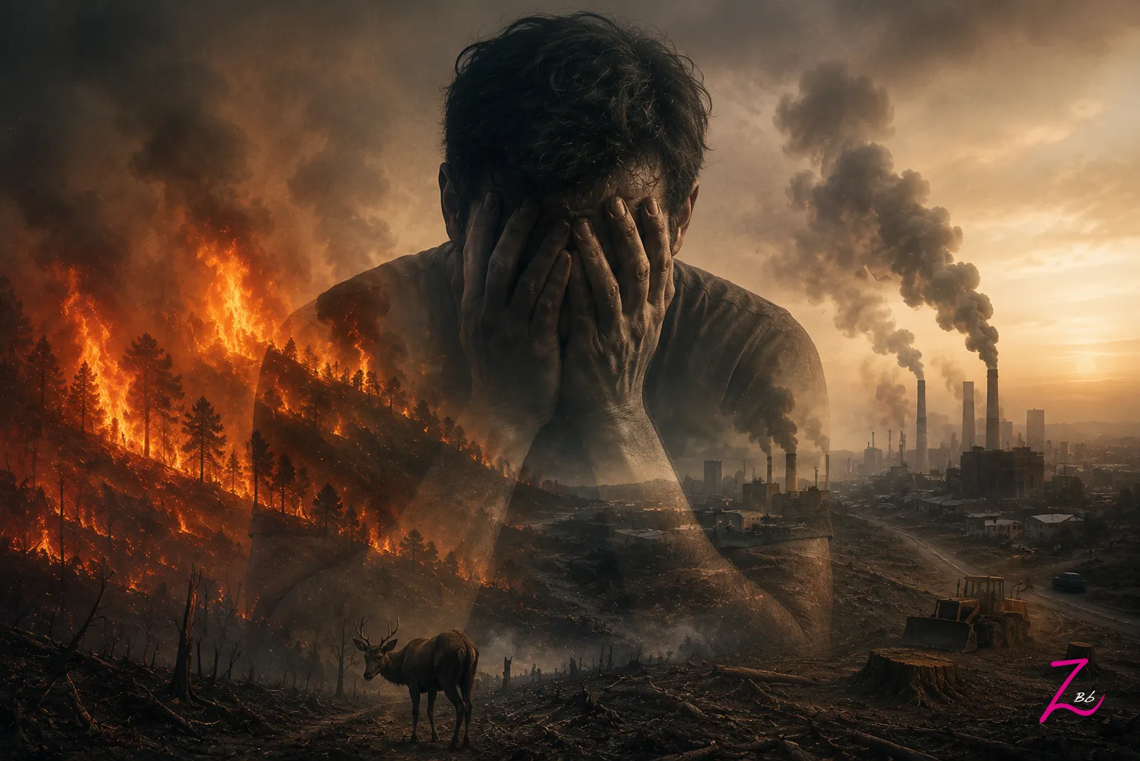 Representación simbólica del ser humano frente a un paisaje devastado por incendios forestales, la contaminación y la destrucción del medio natural.