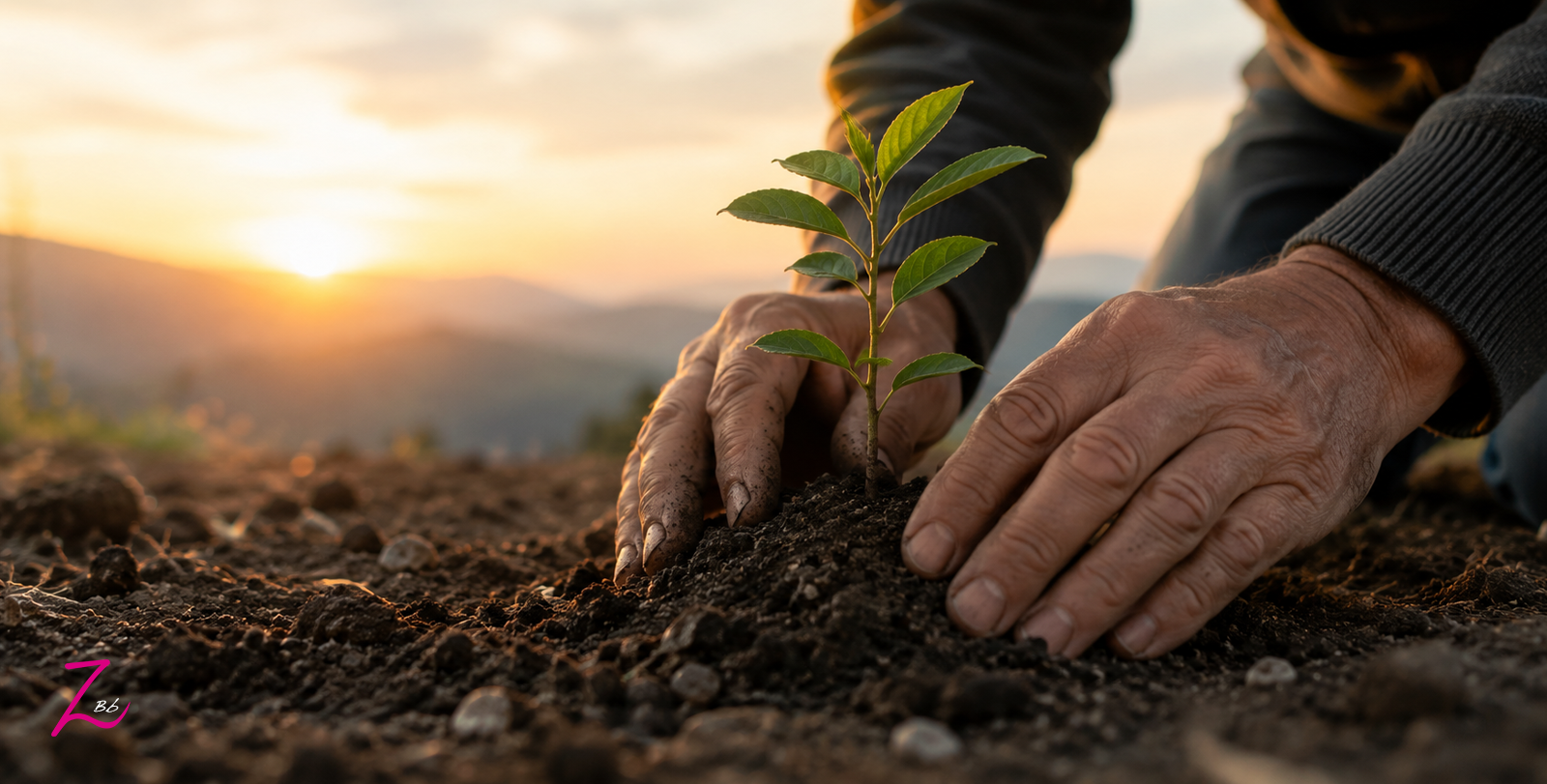 Unas manos plantan un pequeño árbol simbolizando que las experiencias y esperanzas del pasado dan fruto en el futuro.