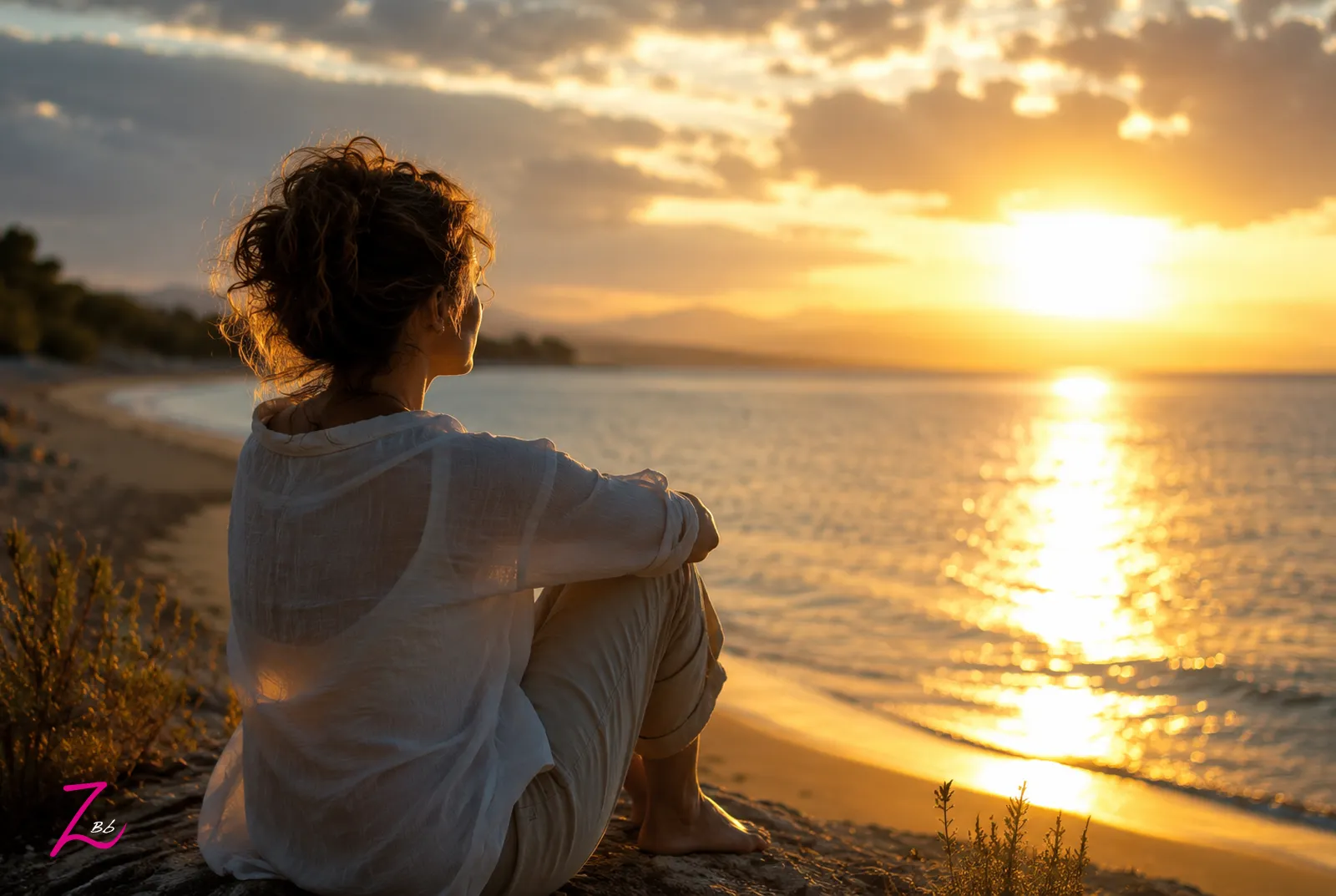 Persona contemplando un amanecer junto al mar como símbolo de la riqueza interior, la paz, el alma y la verdadera piedra filosofal entendida como transformación personal.