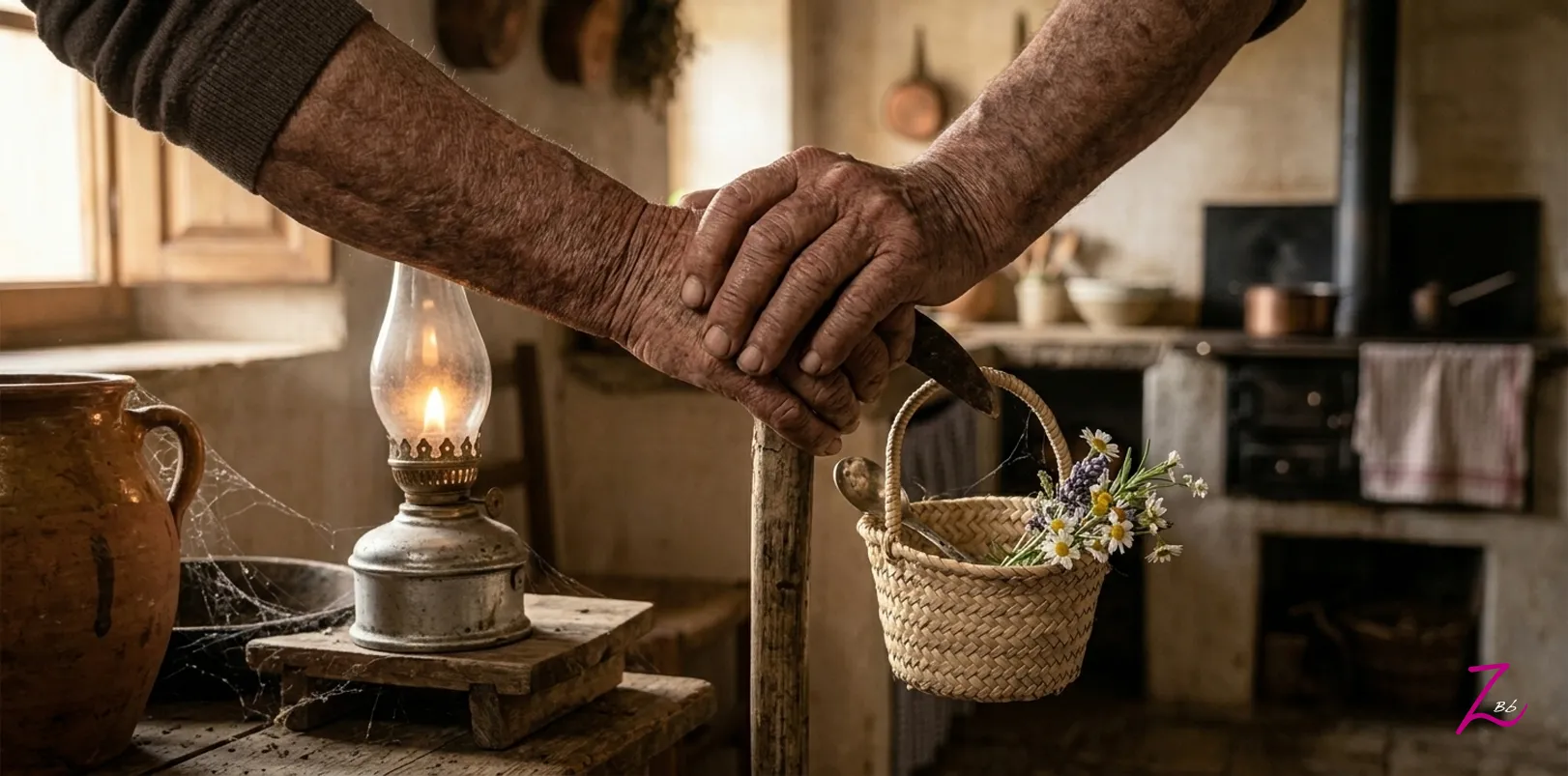 Dos manos ancianas unidas junto a un candil encendido en una cocina tradicional, símbolo del hogar, la familia y la memoria compartida.