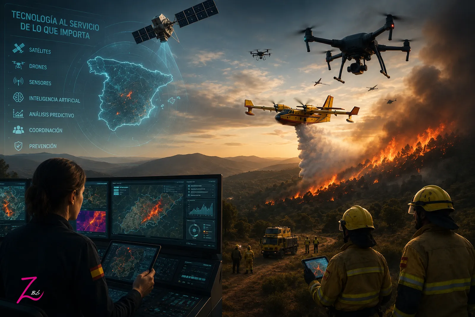 Tecnología aplicada a la prevención y extinción de incendios forestales mediante satélites, drones, inteligencia artificial y equipos de emergencia.