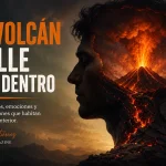 Rostro humano con un volcán en erupción en su interior, representando los sentimientos y emociones.