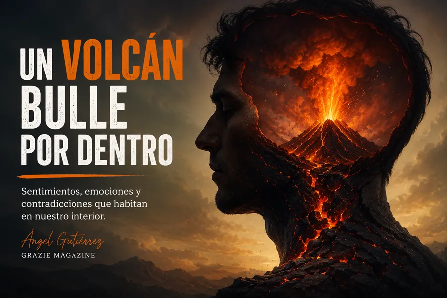 Rostro humano con un volcán en erupción en su interior, representando los sentimientos y emociones.