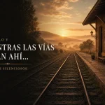 Antigua estación de tren al amanecer, con vías cubiertas de hierba que se pierden hacia el horizonte.