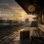 Antigua estación de tren abandonada con un banco, una maleta y un reloj detenido junto a las vías