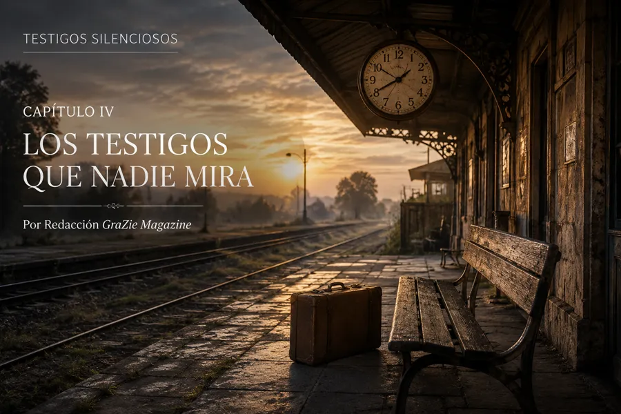 Antigua estación de tren abandonada con un banco, una maleta y un reloj detenido junto a las vías