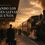 Antiguo tren de vapor llegando a una estación con viajeros y maletas al atardecer.