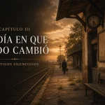 Antigua estación de tren al atardecer, con andén vacío, banco, reloj y un viajero alejándose junto a las vías.