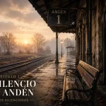 Antiguo andén ferroviario en silencio con vías cubiertas de hierba y un banco vacío al amanecer.
