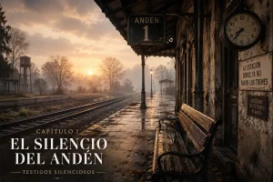 Antiguo andén ferroviario en silencio con vías cubiertas de hierba y un banco vacío al amanecer.