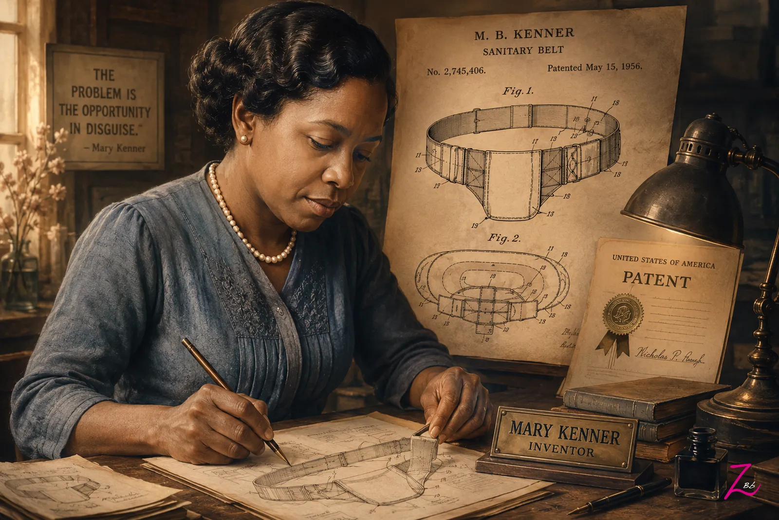 Ilustración artística inspirada en Mary Kenner trabajando sobre sus inventos