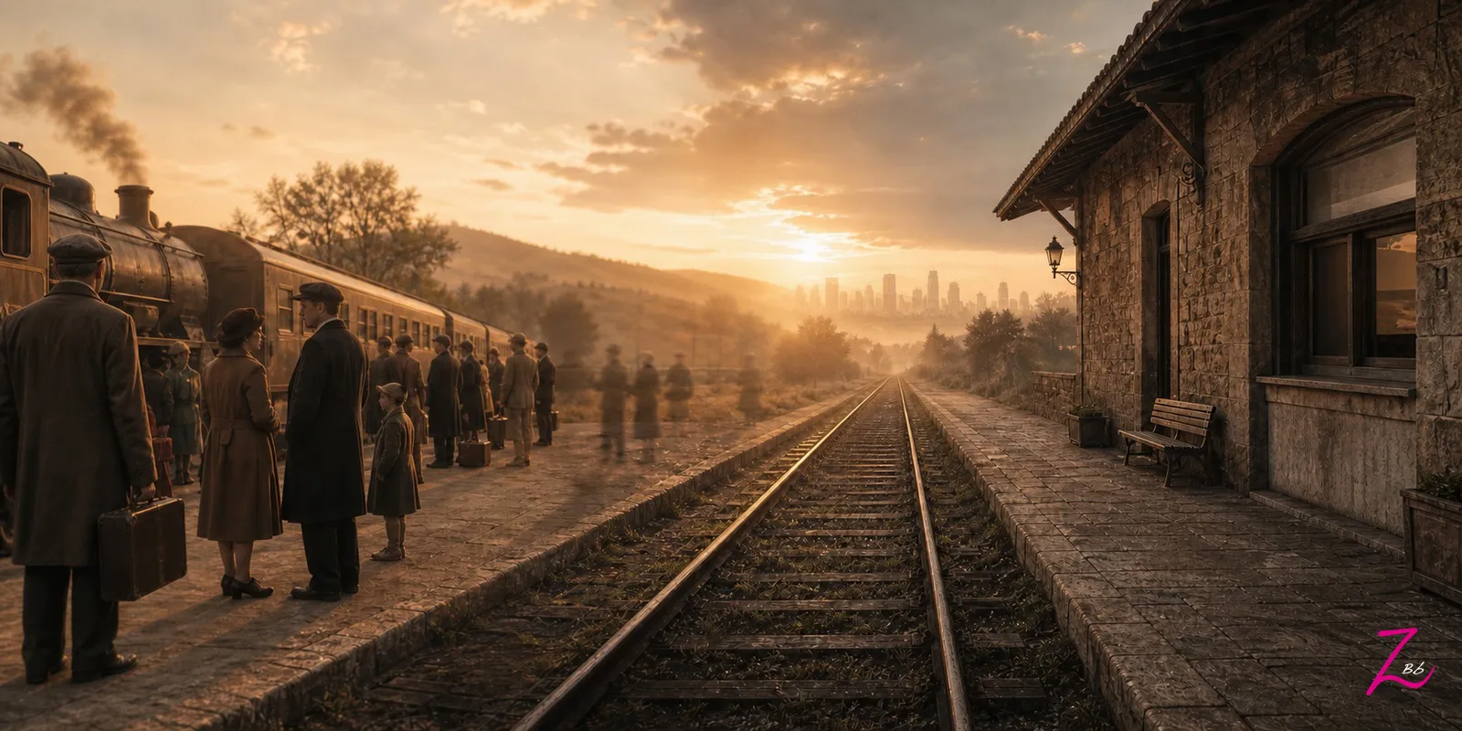 Antigua estación de tren con viajeros que se desvanecen mientras las vías conducen hacia una ciudad moderna en el horizonte.