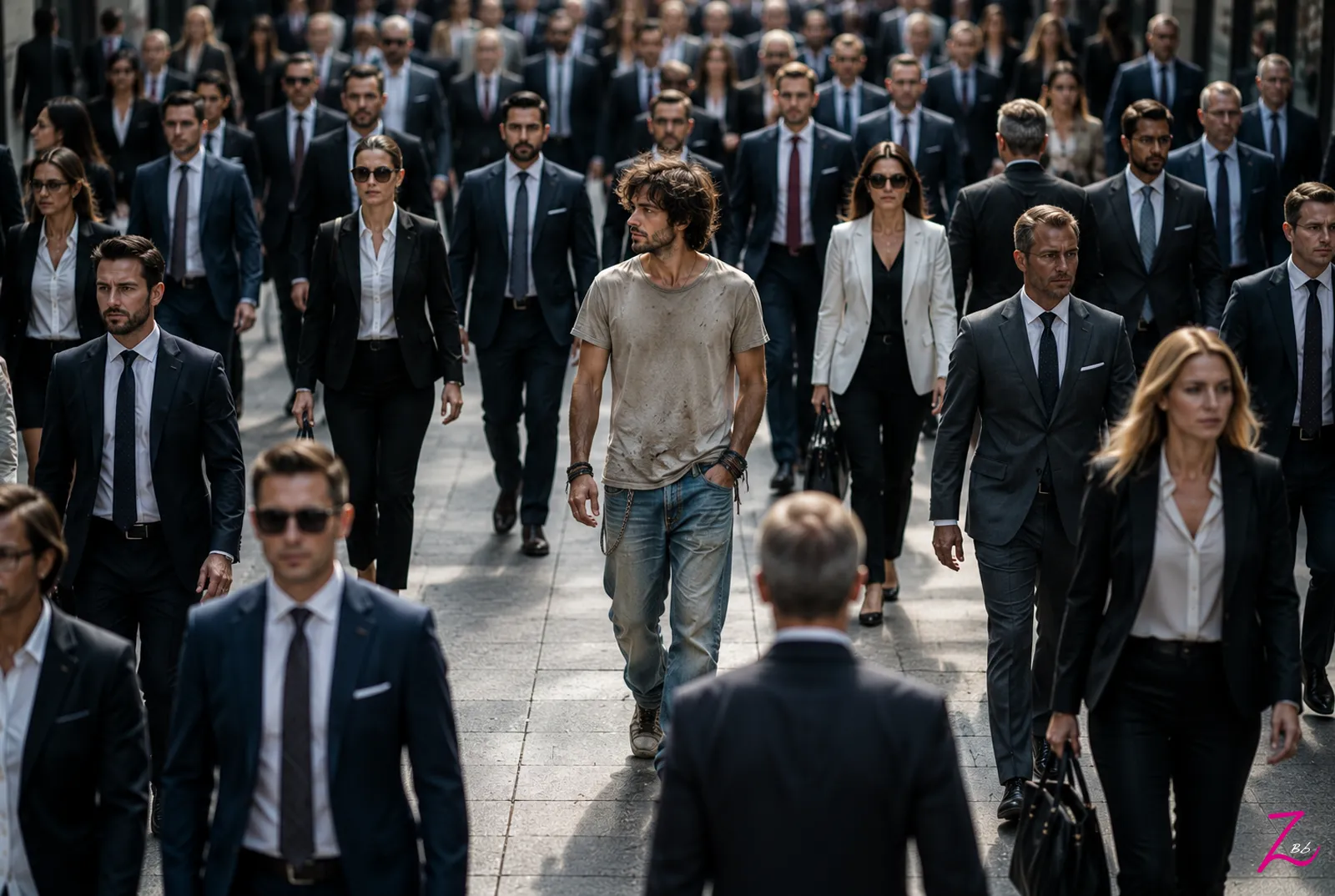 Una persona diferente entre una multitud elegante como símbolo de la presión por encajar