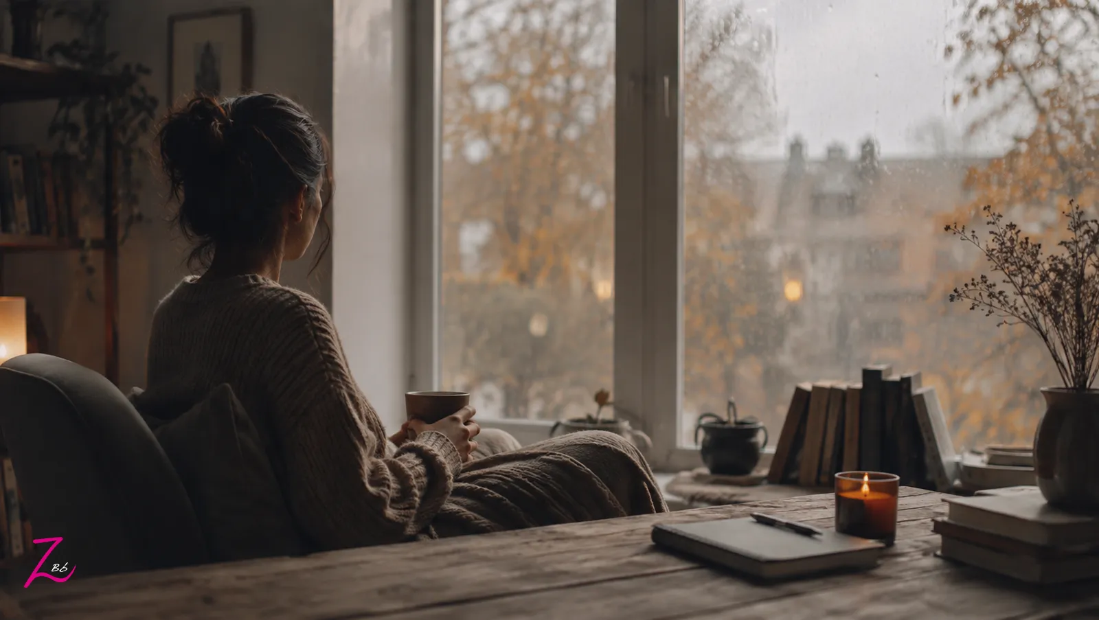 Persona sentada junto a una ventana en un día gris, disfrutando de un momento de calma y pausa.