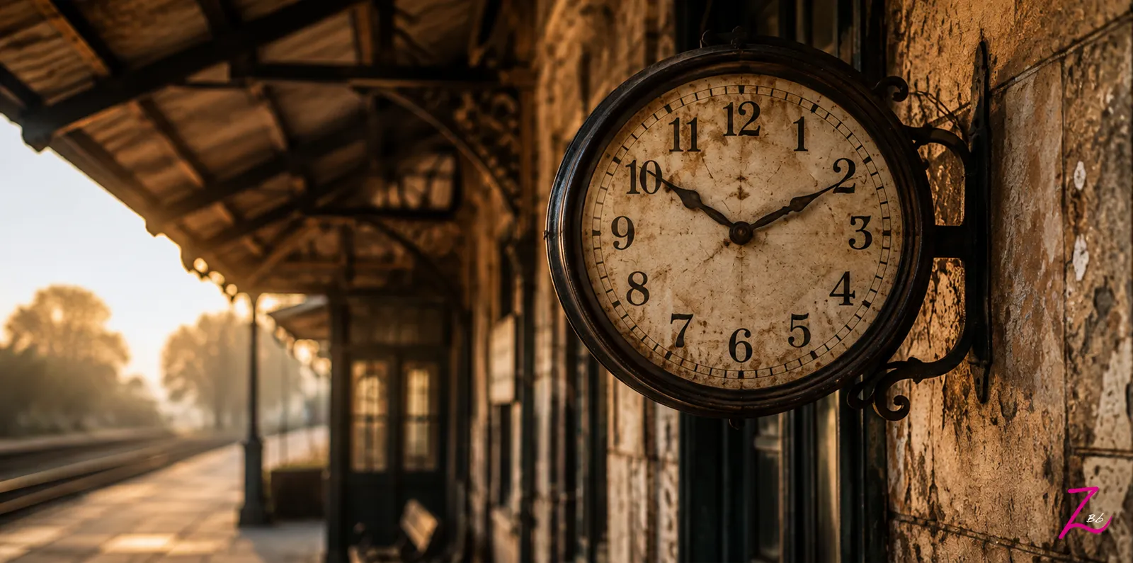 Reloj antiguo en la pared de una estación de tren abandonada junto al andén