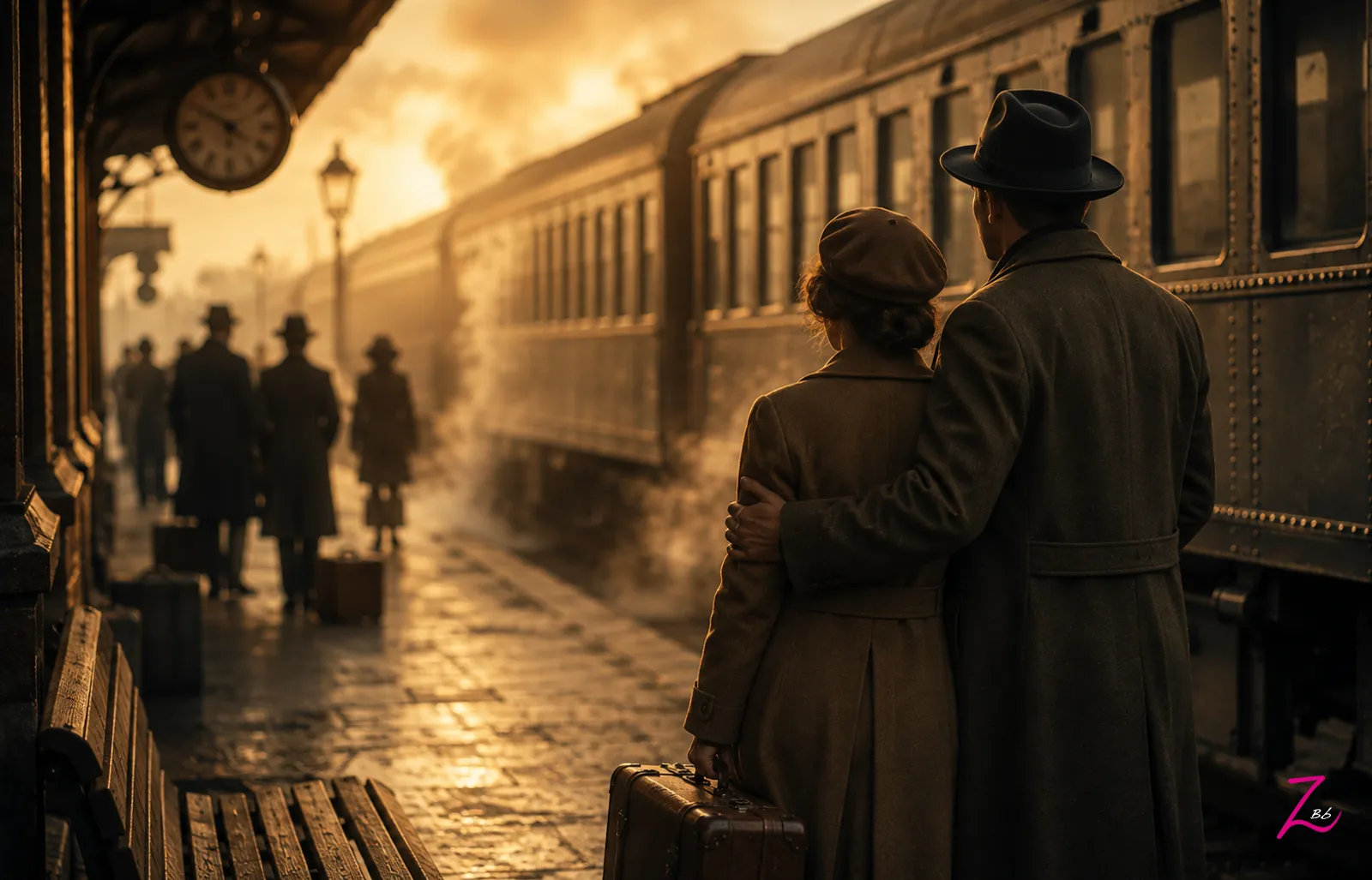 Pareja despidiéndose junto a un antiguo tren de pasajeros en un andén ferroviario.
