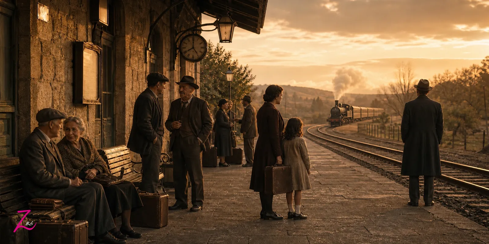 Viajeros esperan y se despiden en el andén de una antigua estación mientras un tren de vapor se aleja al atardecer.