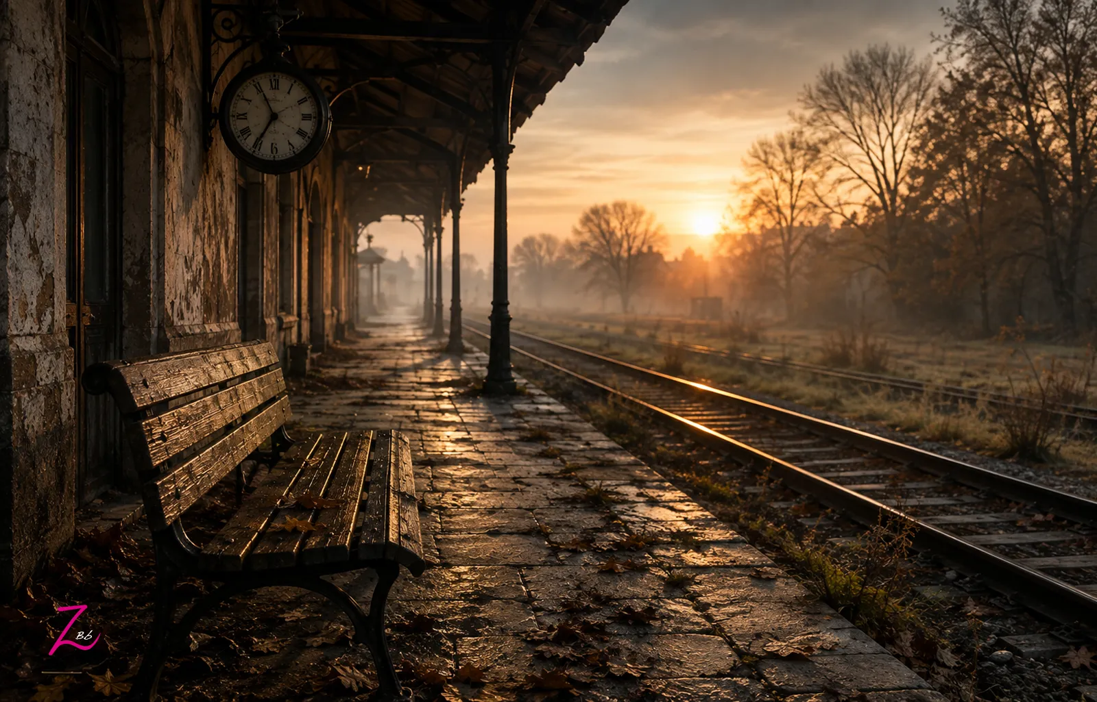 Antiguo andén ferroviario con banco vacío, reloj y vías al amanecer.