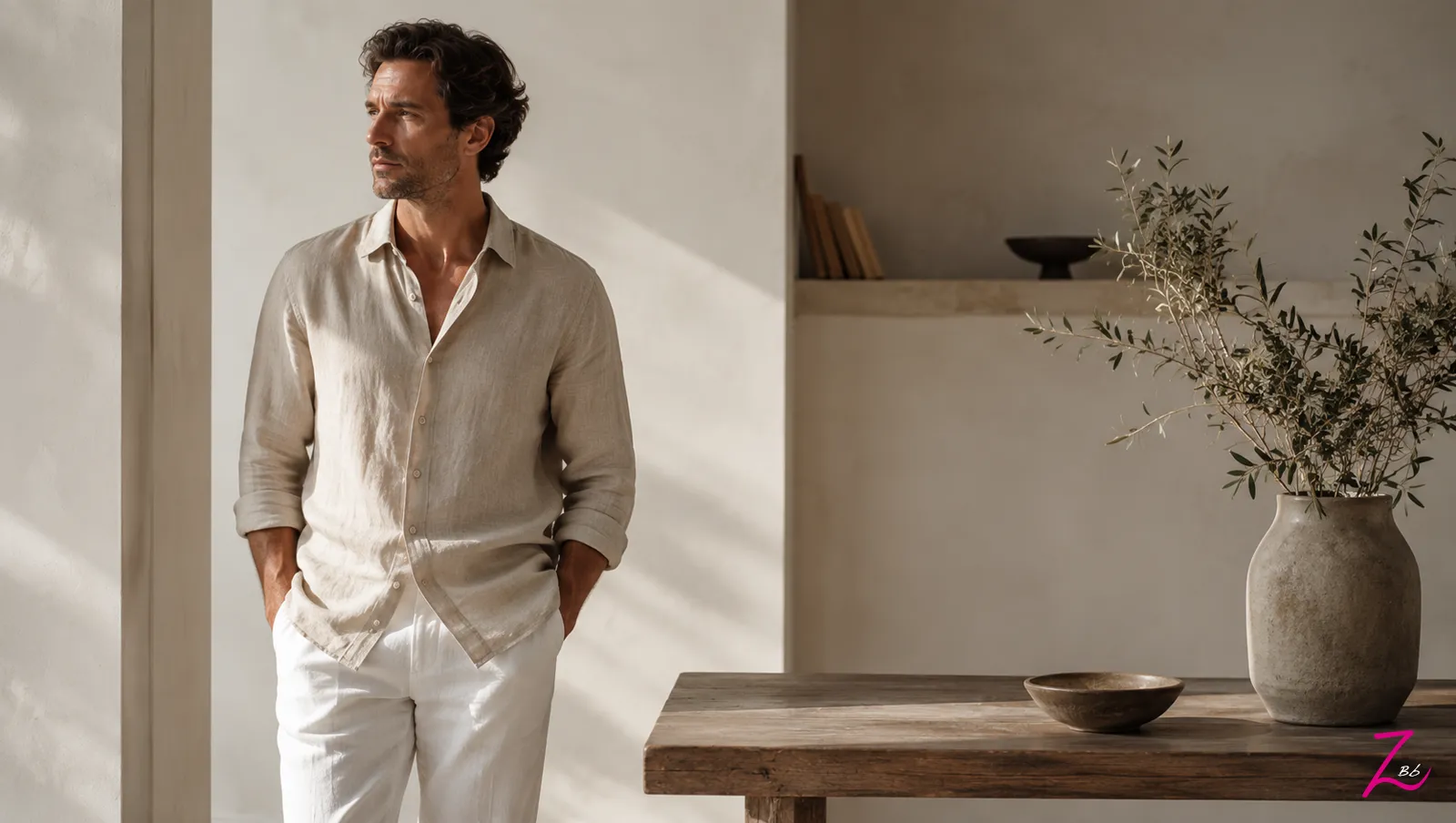 Hombre vestido con elegancia y sencillez en un espacio luminoso y minimalista.