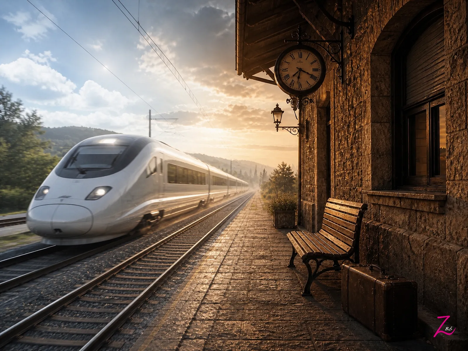 Tren de alta velocidad pasando junto a una antigua estación con banco vacío, reloj y maleta.