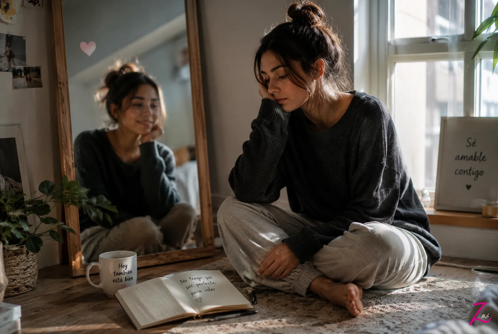 Mujer reflexionando ante el espejo sobre la aceptación de uno mismo