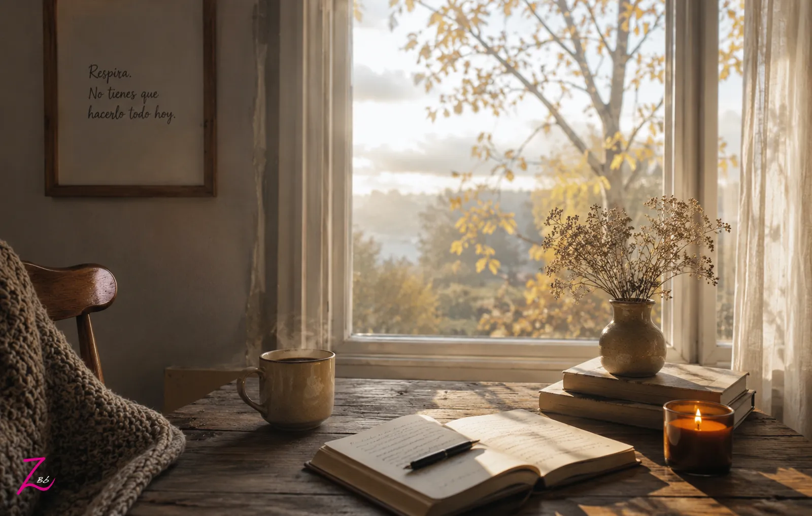 Rincón tranquilo junto a una ventana con un libro abierto, una taza caliente y luz suave de otoño.