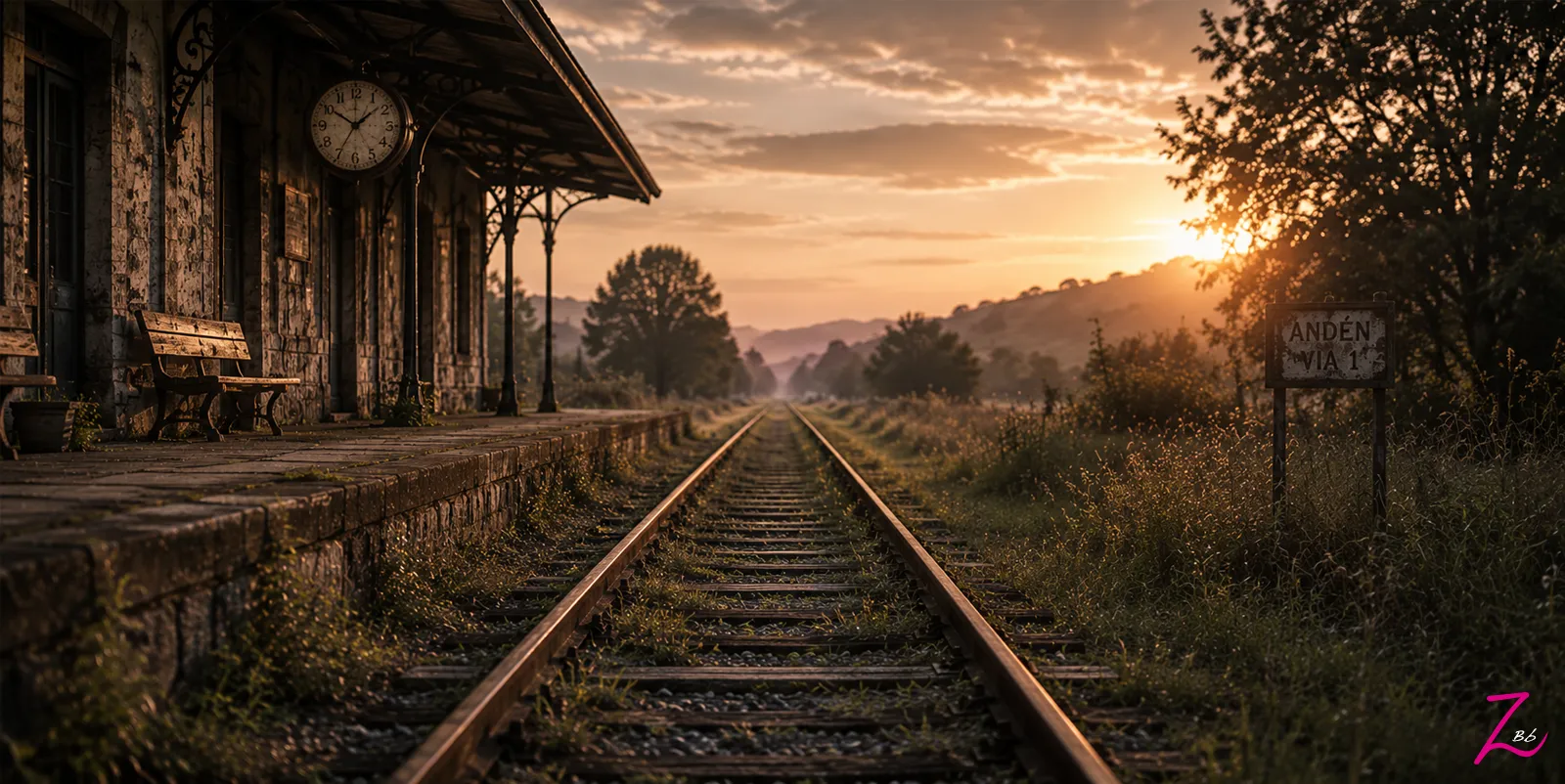 Vía de tren abandonada que se pierde hacia el horizonte junto a una antigua estación