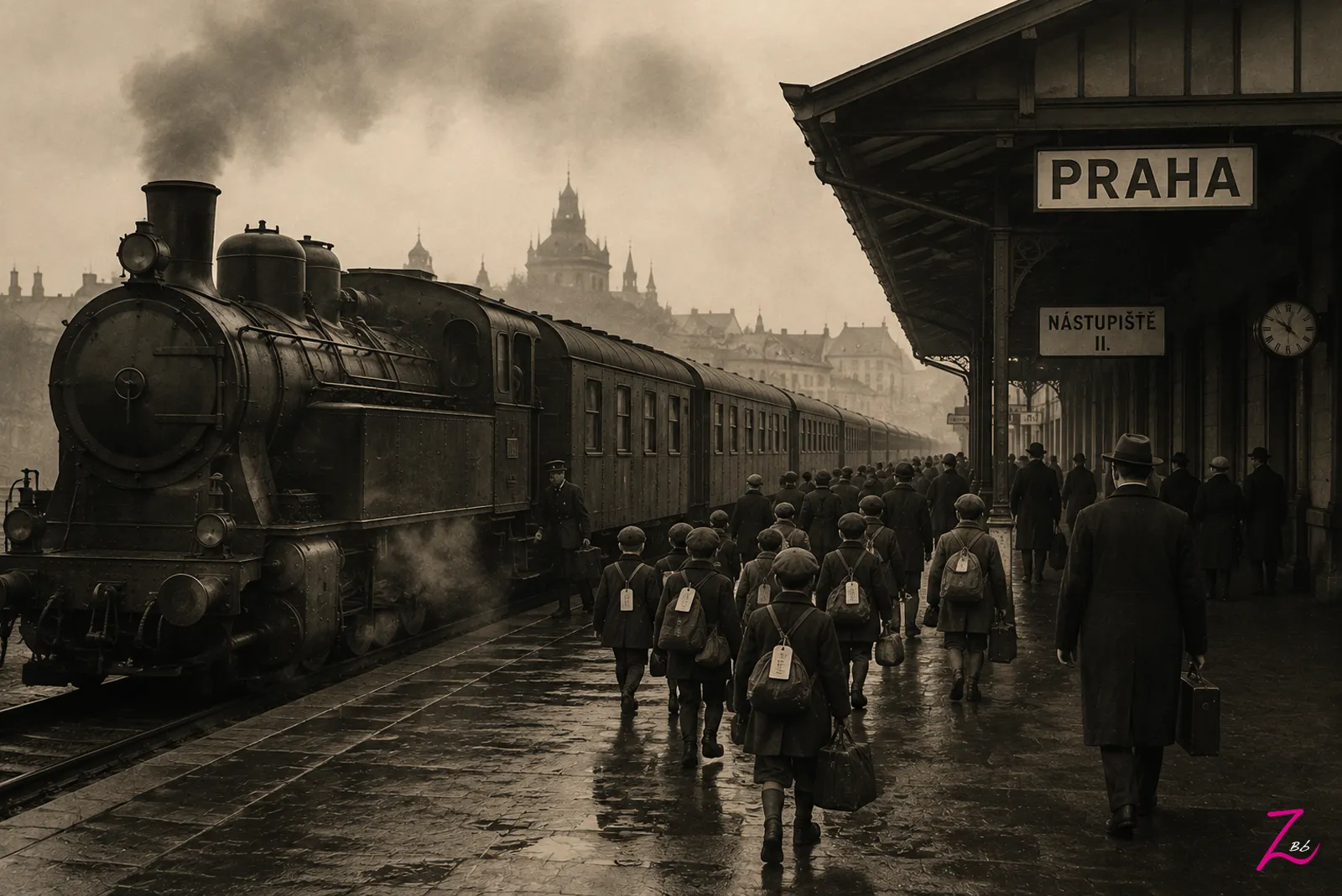 Niños y familias en una estación de Praga durante los transportes organizados por Nicholas Winton