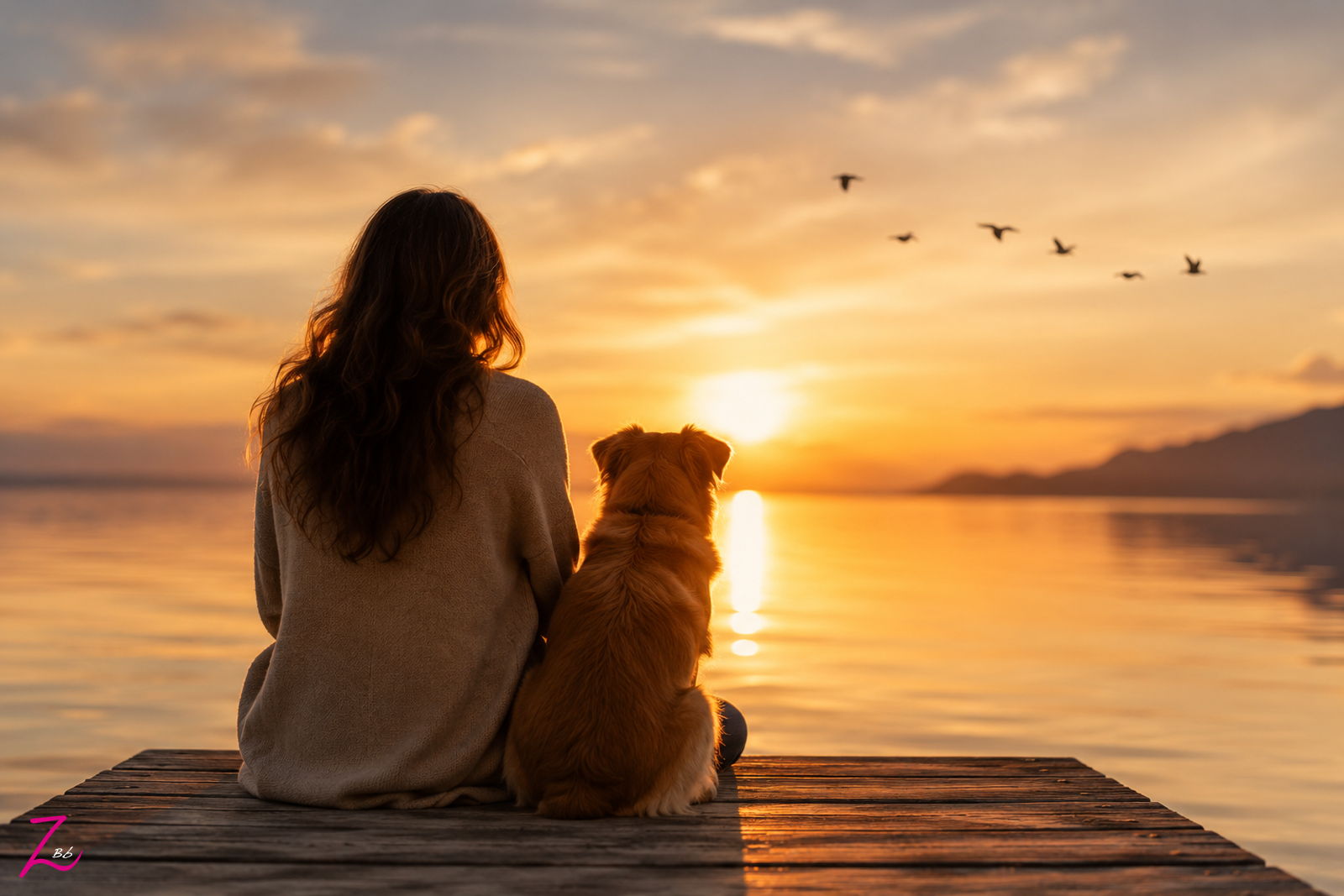 Una mujer y su perro contemplan juntos el atardecer junto al lago