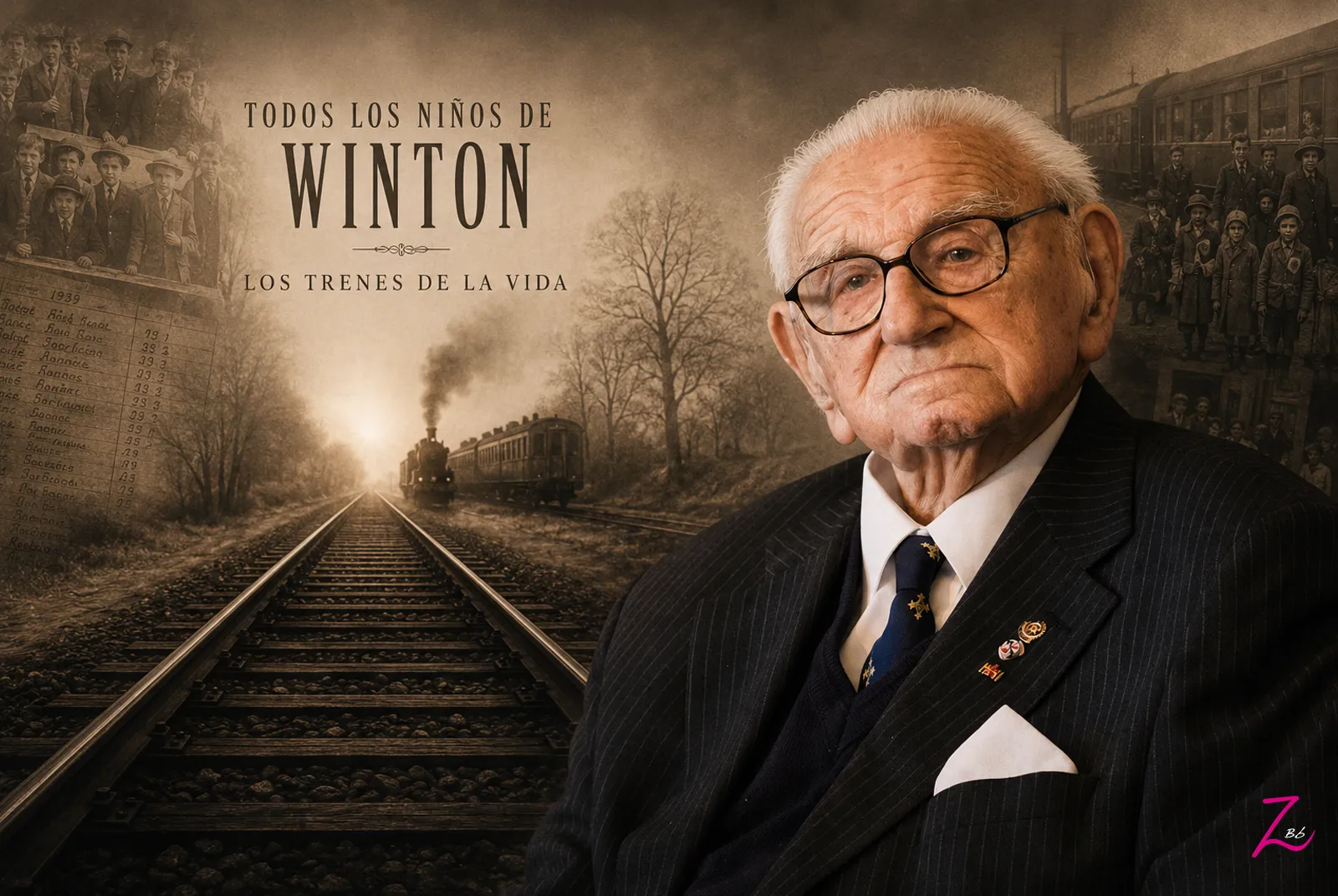 Nicholas Winton en sus últimos años junto a las vías del tren que representan su historia de rescate