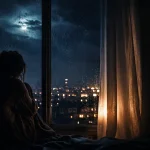 Persona junto a una ventana durante una noche lluviosa, entre la oscuridad y la luz