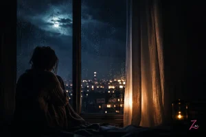 Persona junto a una ventana durante una noche lluviosa, entre la oscuridad y la luz